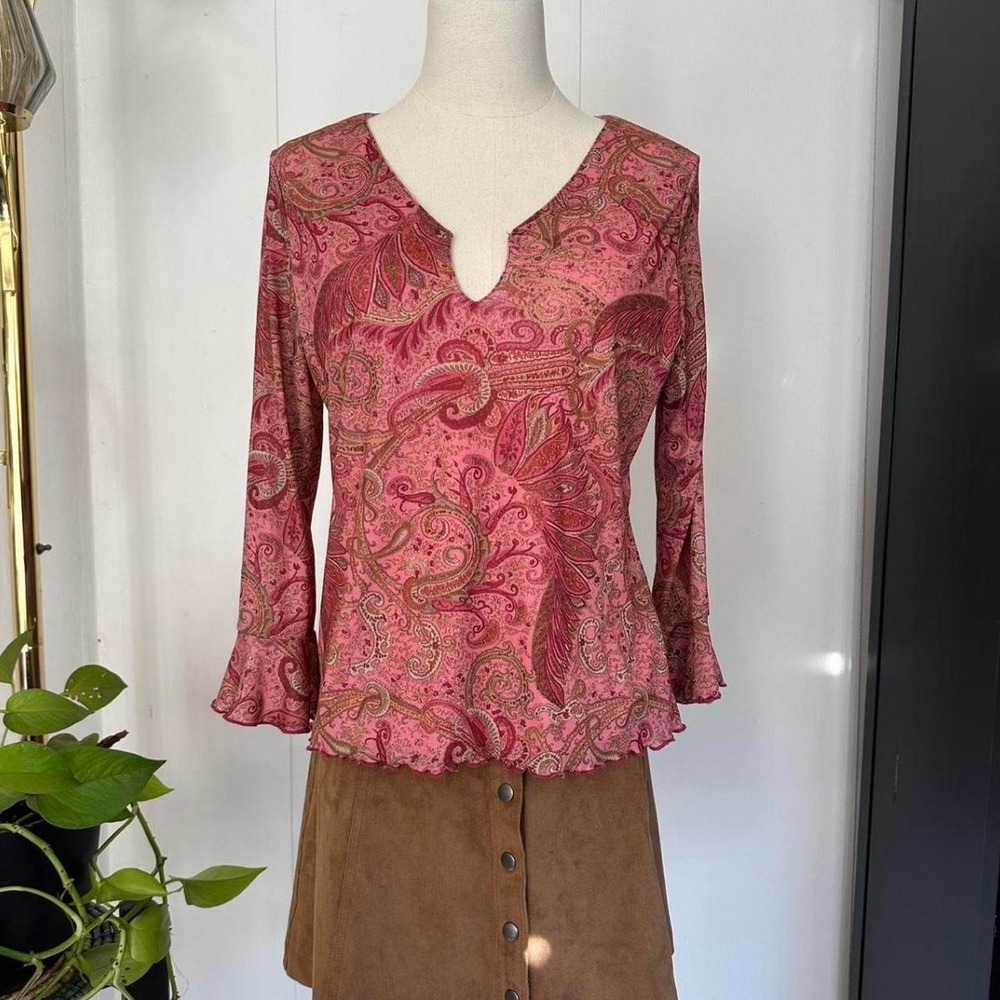 St Johns Bay Pink Paisley Micro Mesh Bell Sleeve Lettuce Trim V-Neck Blouse L